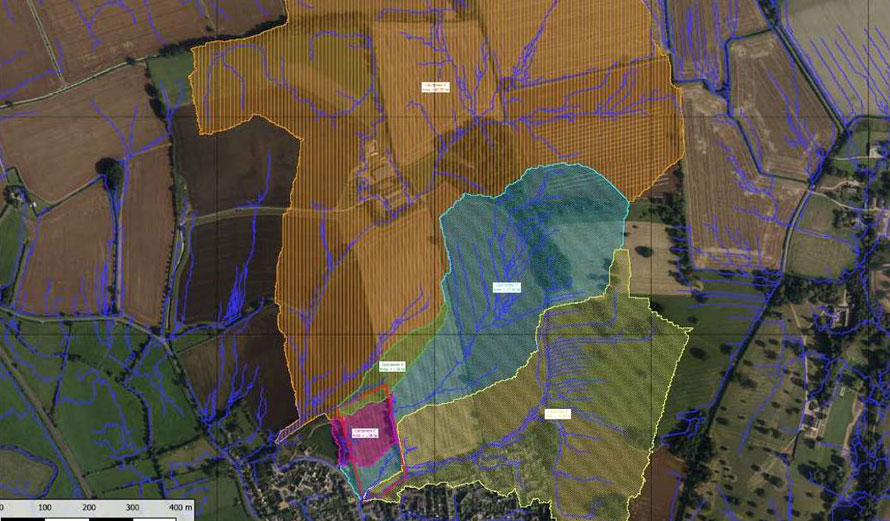 Aerial view of the proposed Rectory Homes site showing surface water courses in the area